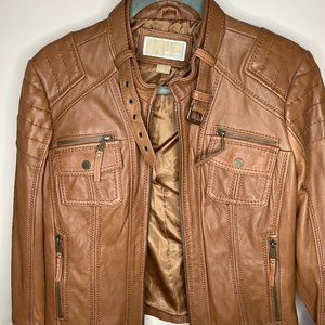 Y2K Retro Chic: Light Brown Michael Kors Leather Jacket - Size Large